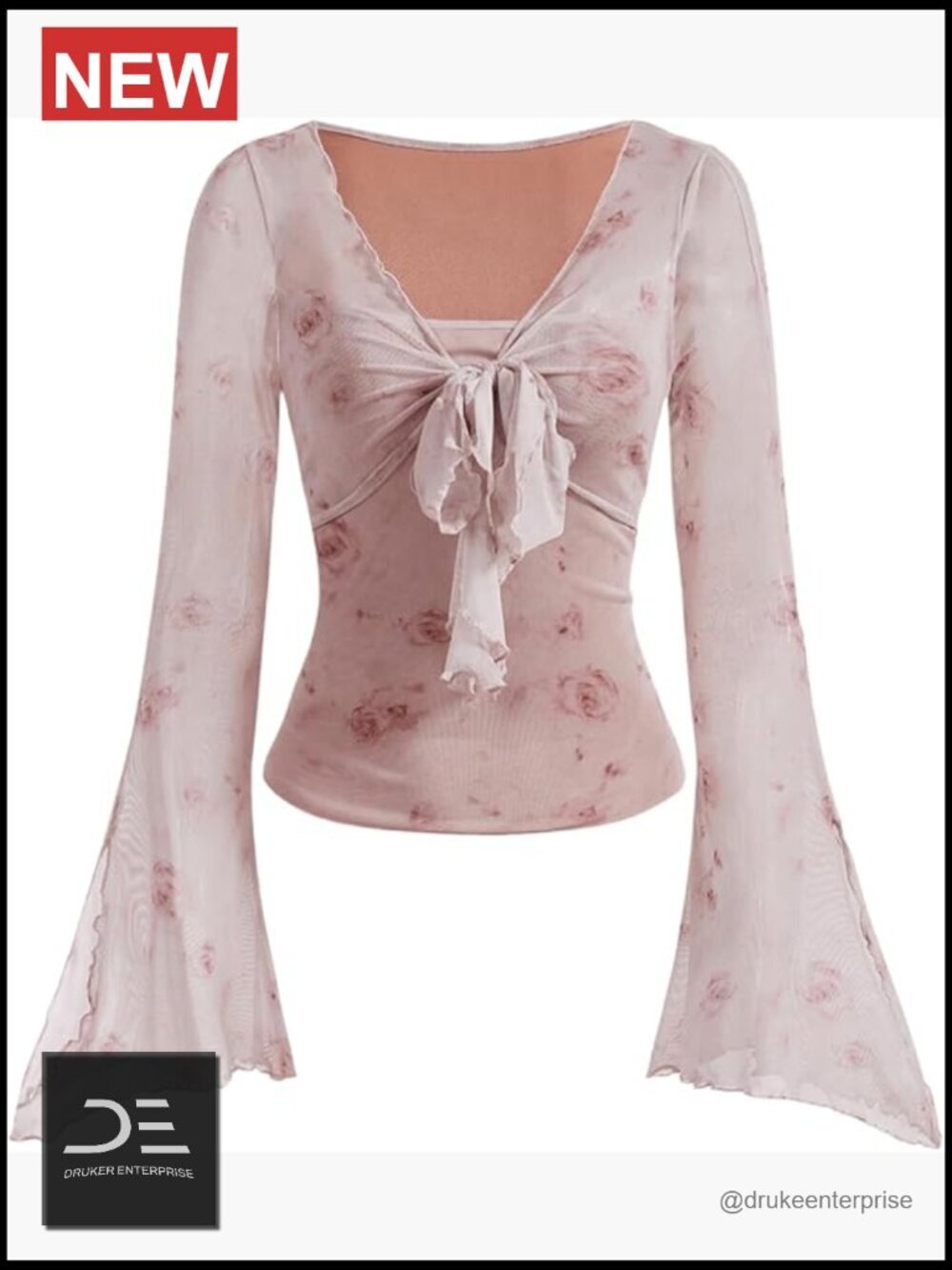 Y2K Cute Bell Sleeve Top Floral Print Mesh Long Sleeve Going Out Tunic